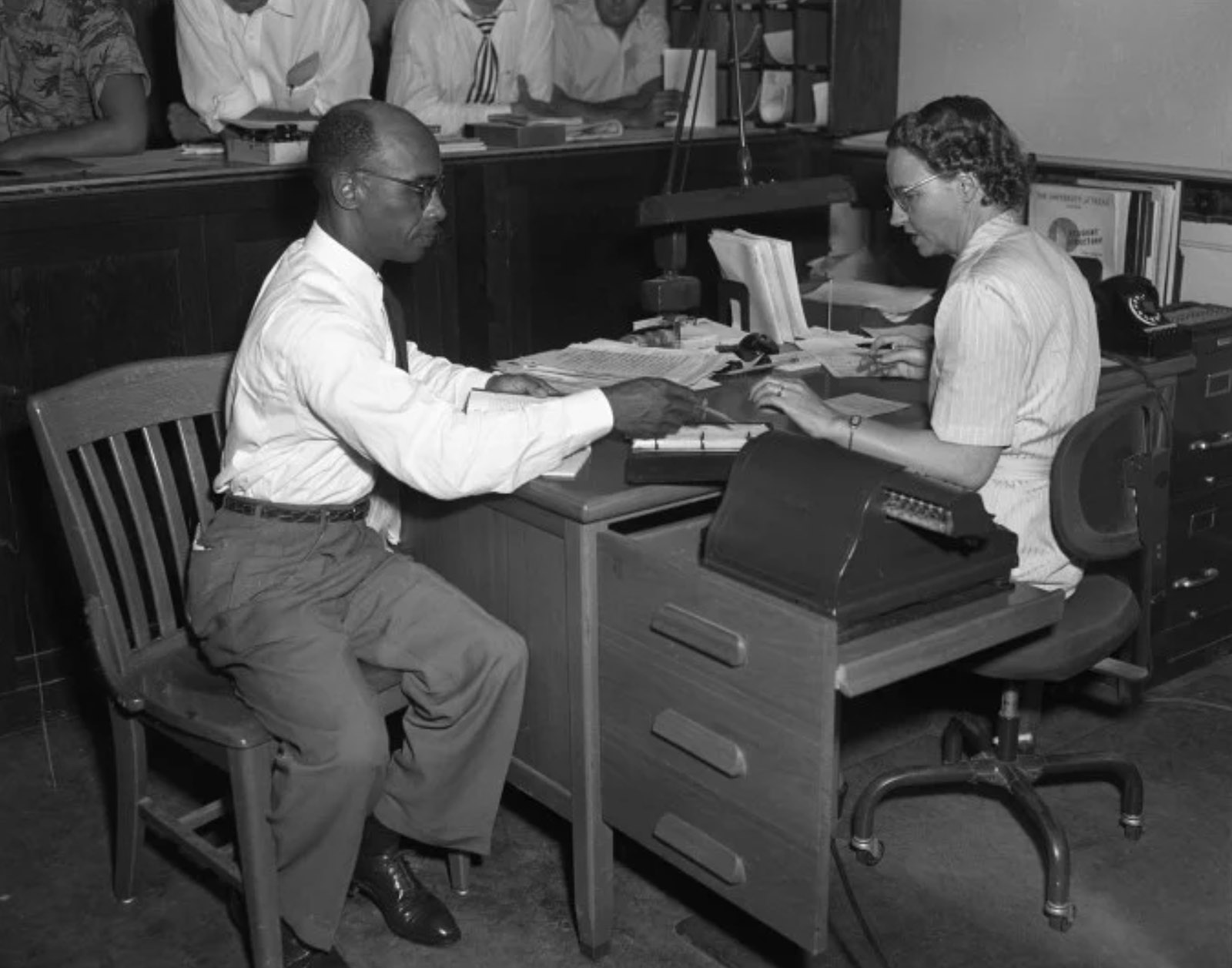 Sweatt completing his University of Texas registration. Credit: Neal Douglass for Life Magazine.